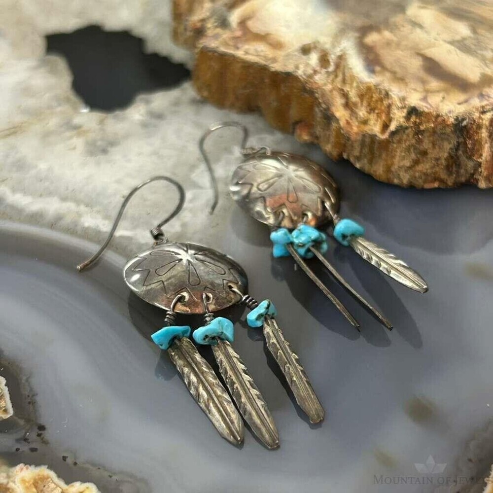 Vintage Native American Silver Turquoise w/Feather Dangle Earrings For Women - Picture 4 of 10